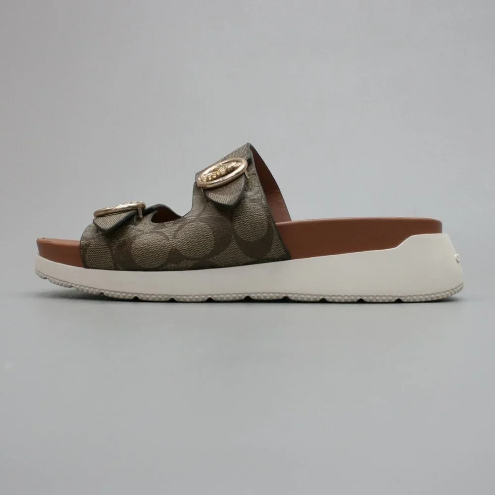 Coach Ladies 8 Gable Khaki/Saddle Signature Platform Slides Mules Sandals Shoes - Picture 2 of 12